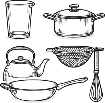 A detailed black-and-white illustration depicts various kitchen utensils and cookware, including a whisk, frying pan, kettle, strainer, and pot, designed to help readers correct common cooking