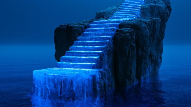 Blue Stone Staircase Rising Along a Dark Cliff