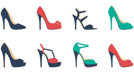 Obraz premium Collection Of Colorful High heeled Shoes Vector Illustration On White Background