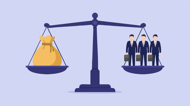 Money bag and businessmen on a balanced scale, representing value comparison