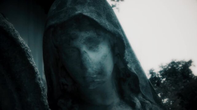 Close-up of a weathered stone statue in a cemetery, framed by dark trees. The camera slowly descends, emphasizing the aged and disfigured features. Conveys a somber, melancholic atmosphere.
