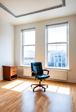 Unemployment and corporate downsizing, empty office chair in a vacant workspace with sunlight reflecting on wooden floor for business career transition