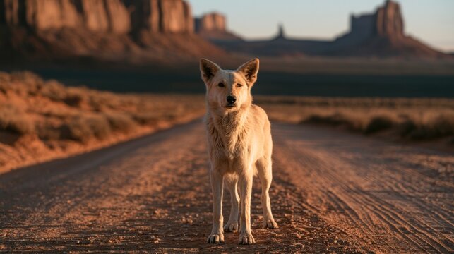 Majestic white dog standing on a dusty desert road in Monument Valley at golden hour