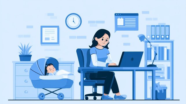 Working Mother Managing Job and Baby Illustration