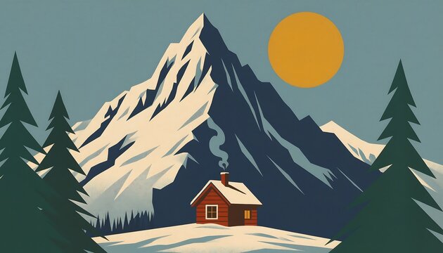Vintage travel poster showing a small wooden cabin nestled in snowy mountains under a yellow