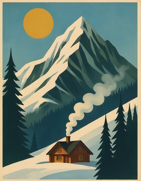 Retro travel poster of a snowy mountain peak with a cozy wooden cabin emitting smoke