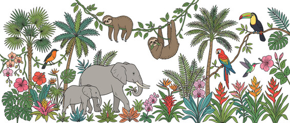 Fototapeta premium Jungle Scene with Tropical Animals and Plants
