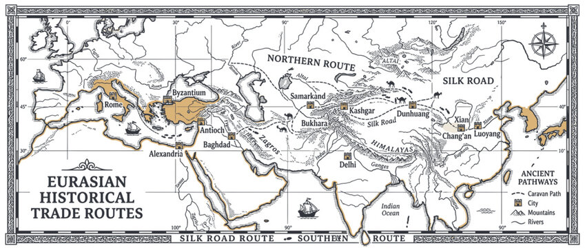 Ancient Eurasian Trade Routes Map, Historical Journey Paths