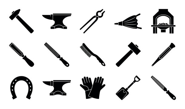 Blacksmith tools vector icons with hammer, anvil and tongs for mobile app design in solid glyph style