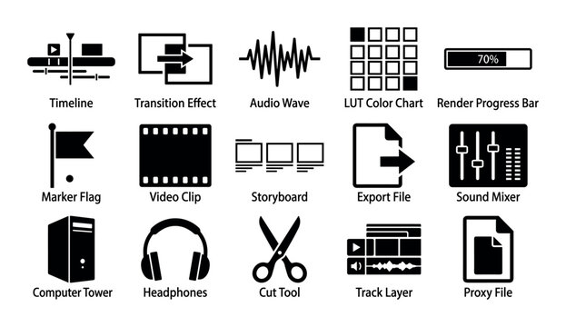 Post-production workflow elements vector icons with audio wave, video clip and export file for web design in silhouette style