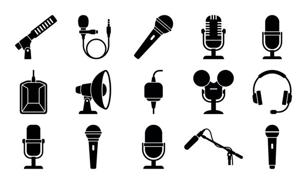 Professional microphones vector icons with shotgun microphone, lavalier microphone and handheld dynamic microphone for mobile app design in silhouette style
