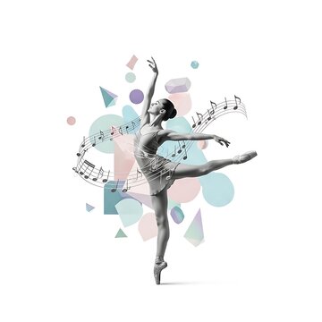 Ballerina performing graceful arabesque pose with music notes