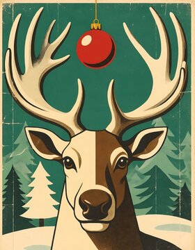 A close-up illustration of a reindeer with large antlers and a shiny red christmas ornament hanging above