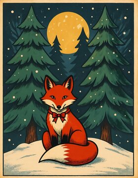 A cute red fox with a bow tie sitting peacefully in a snowy forest beneath a full moon and pine trees
