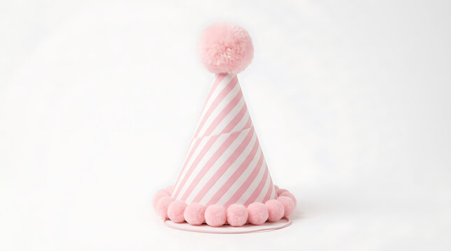 Pink and white striped party hat with pom poms birthday 1