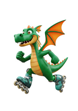 Photorealistic 3d rendering of a cheerful emerald green cartoon dragon skating on high-tech inline roller skates, bright orange wings, transparent background, copy space. Concept of speed and
