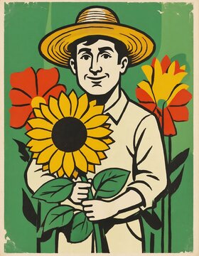 Retro illustration of a smiling farmer wearing a straw hat while holding a large sunflower surrounded by flowers