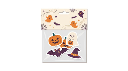 Fototapeta premium Halloween sticker pack packaging with pumpkins and ghosts.