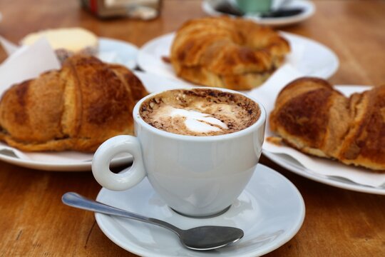 Croissants and coffee in a cafe in Fuerteventura. Spanish cuisine dessert in the Canary Islands.