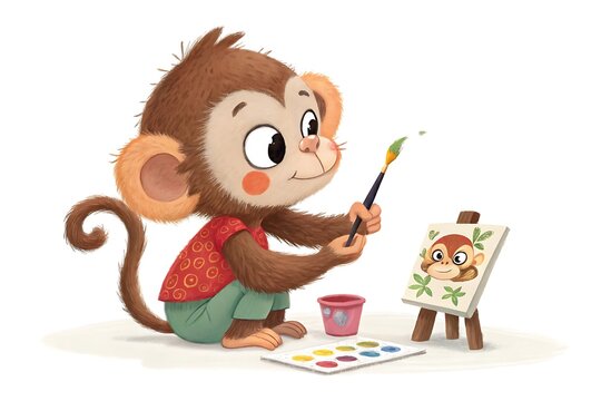 Cartoon monkey painting with brushes on easel