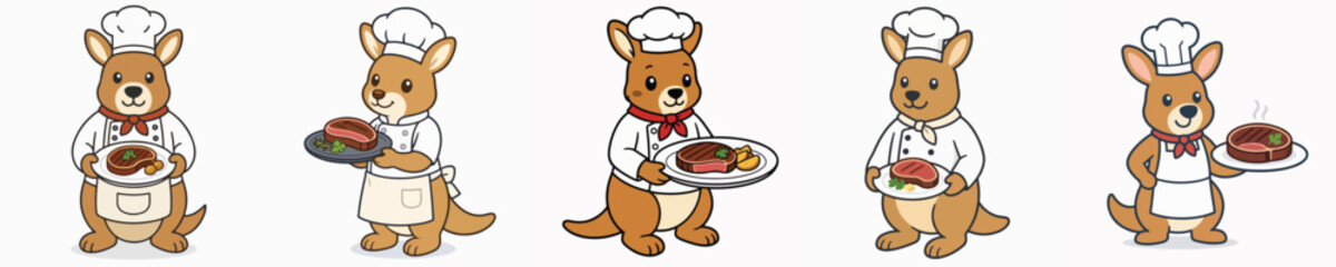Obraz premium A set of cute and adorable kangaroo vectors dressed as a chef, standing and carrying a delicious grilled meat dish.