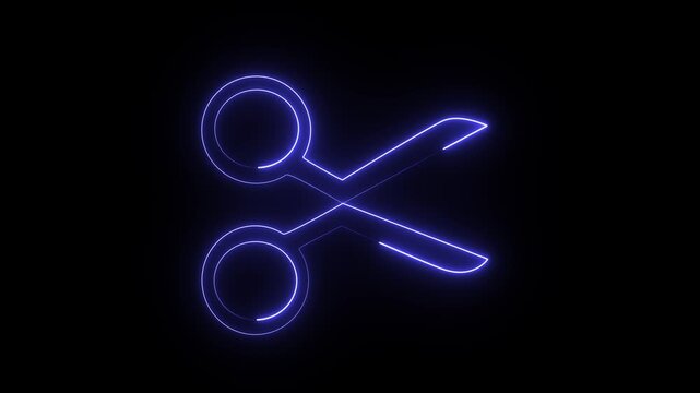 A glowing blue neon-style icon of a pair of scissors on a black background, resembling a digital motion graphic or stock video element.