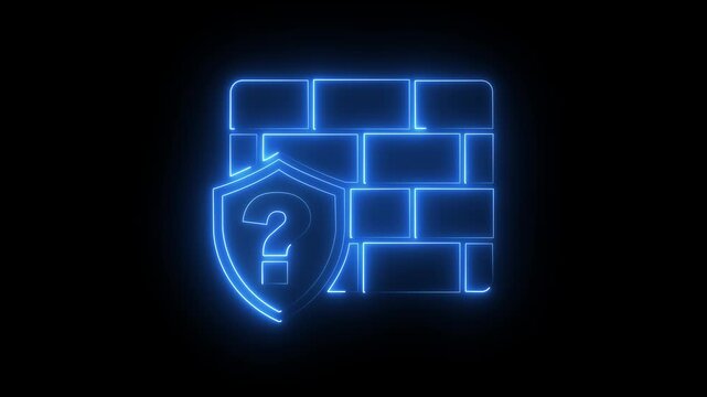 Neon firewall shield with question mark cyber security data protection concept, digital network safety animation