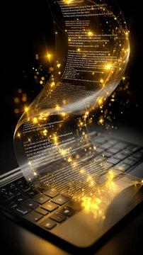 Magical digital document with glowing golden light particles rising from a modern computer keyboard