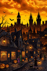 Naklejka premium Halloween Cityscape with Spooky Atmosphere and Orange Yellow Background