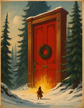Mid century style illustration showing a glowing red door with a wreath in a snowy pine forest