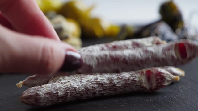 Hand touching thin cured fuet sausages arranged on a slate board close up. High quality 4k footage