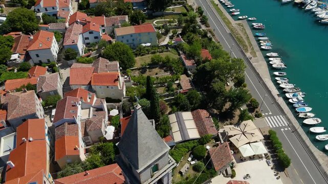 Osor City Panorama On Cres Island, Croatia, Beautiful Summer Day. Aerial Views Show The Historic Old Town, Sunny Beaches, Sailing Yachts, Marina Harbor, Nearby Campsites Mediterranean Adriatic Coast