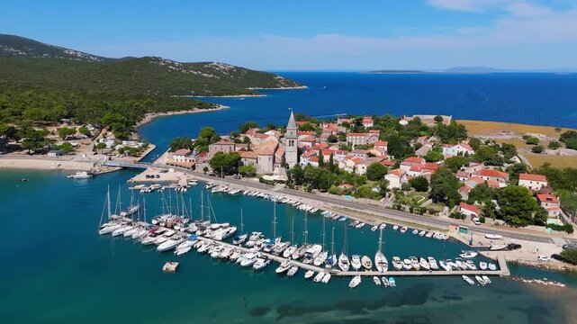 Osor City Panorama On Cres Island, Croatia, Beautiful Summer Day. Aerial Views Show The Historic Old Town, Sunny Beaches, Sailing Yachts, Marina Harbor, Nearby Campsites Mediterranean Adriatic Coast