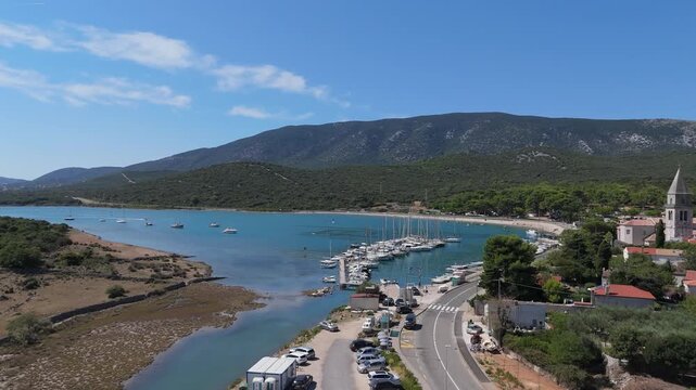 Osor City Panorama On Cres Island, Croatia, Beautiful Summer Day. Aerial Views Show The Historic Old Town, Sunny Beaches, Sailing Yachts, Marina Harbor, Nearby Campsites Mediterranean Adriatic Coast