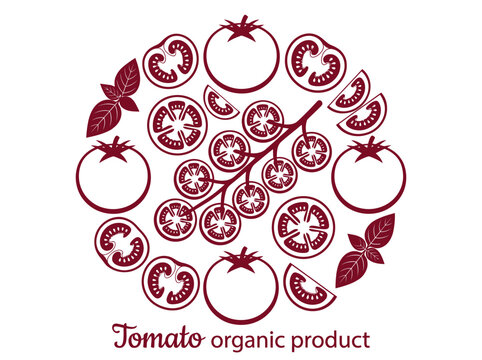 Organic Tomato Illustration with Slices and Basil in Circular Design
