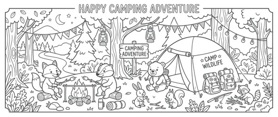 Fototapeta premium Cute Animals Enjoying Camping Adventure in Forest