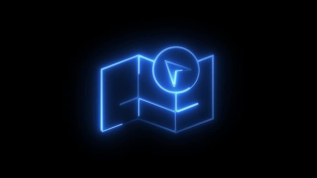 Neon glowing map and navigation pointer animation, digital travel and gps location concept