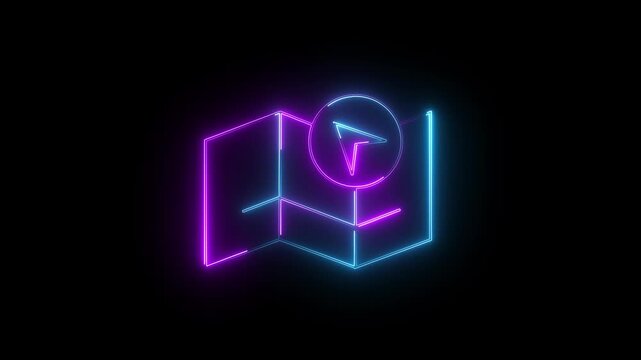 Neon map with navigation pointer animation, glowing digital travel and location sign, futuristic ui for gps and wayfinding applications