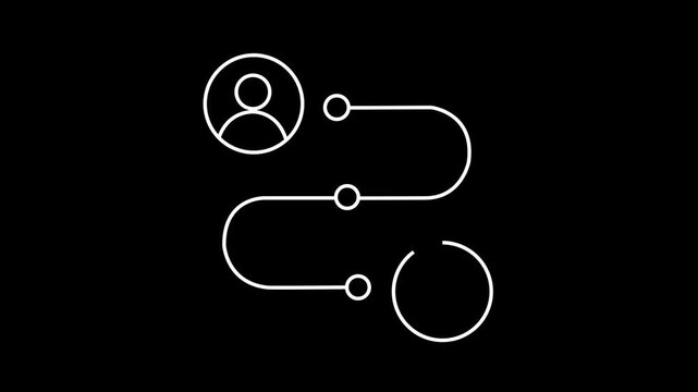 Animated user journey flowchart with success checkmark on black background, process animation