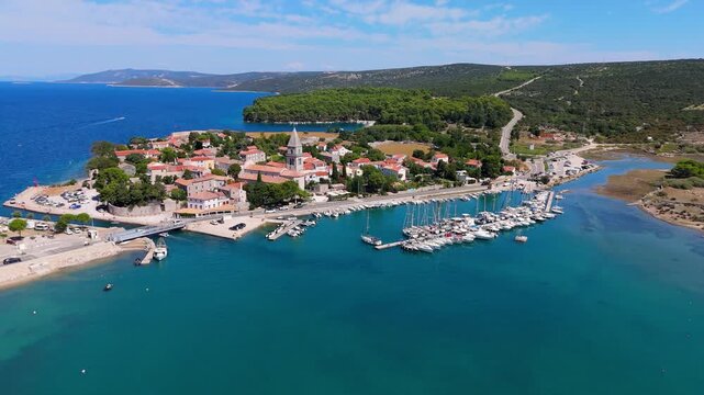 Osor City Panorama On Cres Island, Croatia, Beautiful Summer Day. Aerial Views Show The Historic Old Town, Sunny Beaches, Sailing Yachts, Marina Harbor, Nearby Campsites Mediterranean Adriatic Coast