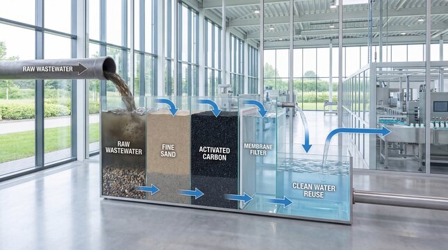 Industrial wastewater filtration process illustrating multiple stages of purification leading to clean water