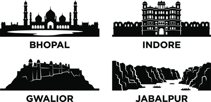 India madhya pradesh major cities skyline silhouette set featuring bhopal indore gwalior and jabalpur vector illustration isolated white