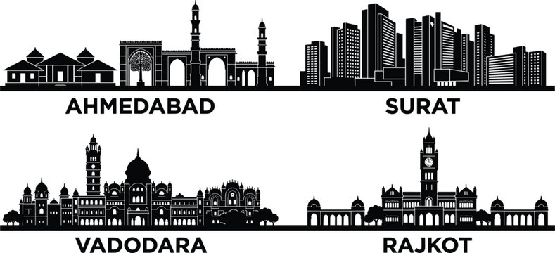 India gujarat major cities skyline silhouette set featuring ahmedabad surat vadodara and rajkot vector illustration isolated white