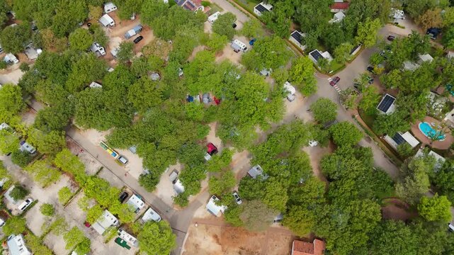 FKK Camping Ulika Near Porec With Campervans Aerial Drone View During A Sunny Summer Day On The Beautiful Adriatic Coast In Istria Croatia