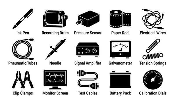 Polygraph machine component vector icons with ink pens, recording drums and pressure sensors for infographic design in silhouette style.