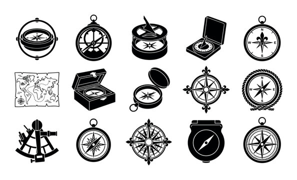Antique compass designs vector icons with mariner&rsquo;s compass, astrolabe and sextant for web design in silhouette style