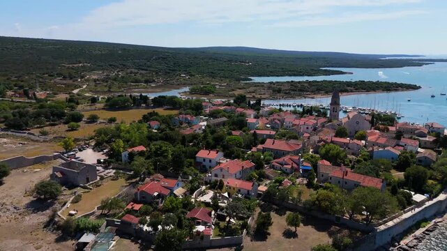 Osor City Panorama On Cres Island, Croatia, Beautiful Summer Day. Aerial Views Show The Historic Old Town, Sunny Beaches, Sailing Yachts, Marina Harbor, Nearby Campsites Mediterranean Adriatic Coast