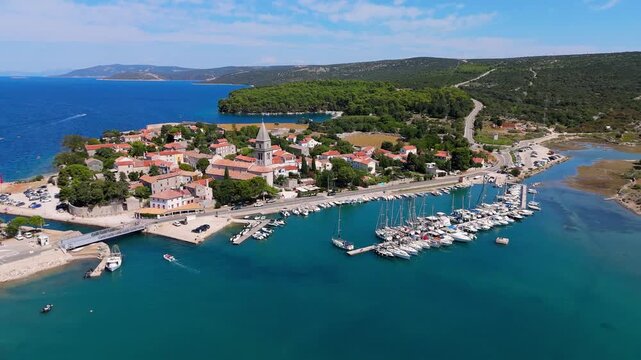 Osor City Panorama On Cres Island, Croatia, Beautiful Summer Day. Aerial Views Show The Historic Old Town, Sunny Beaches, Sailing Yachts, Marina Harbor, Nearby Campsites Mediterranean Adriatic Coast