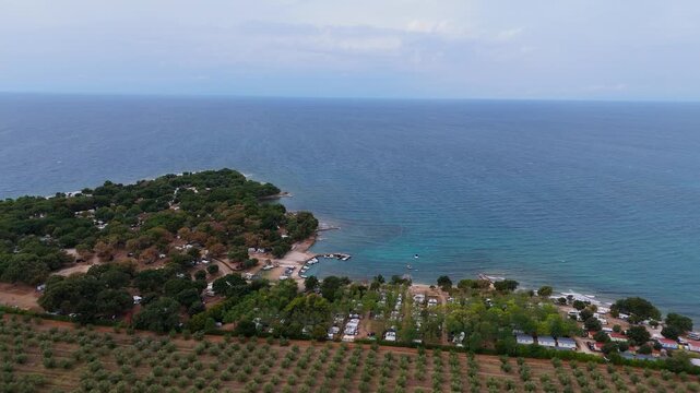 FKK Camping Ulika Near Porec With Campervans Aerial Drone View During A Sunny Summer Day On The Beautiful Adriatic Coast In Istria Croatia