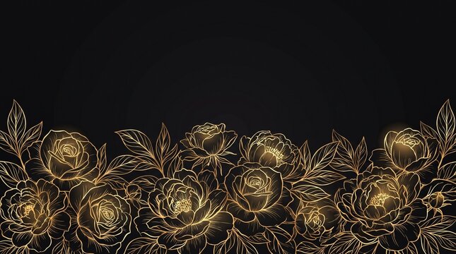 Golden floral pattern banner with roses on black background